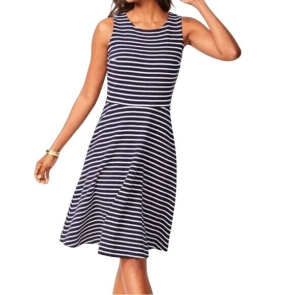 Talbots Edie Knit Fit & Flare Stripe Sleeveless Dress Turquoise & White Medium - Picture 2 of 15